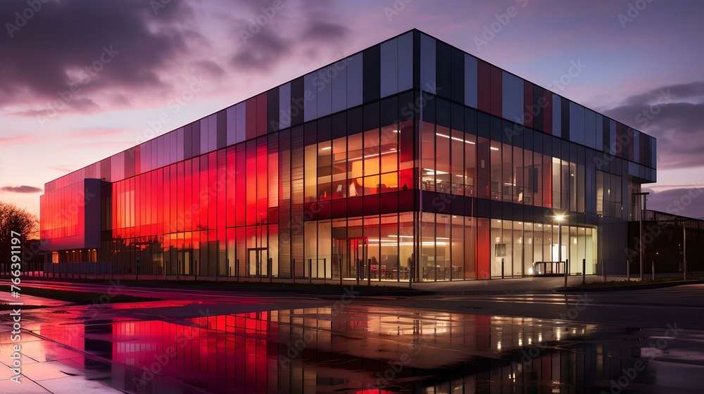 Modern glass building illuminated with red lights at twilight