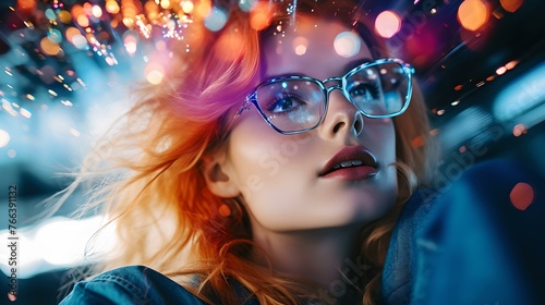 Dreamy portrait of a young woman with colorful hair and sparkling bokeh lights © Ludmila