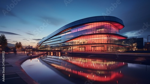 Futuristic architecture of a modern building at twilight with vibrant lighting