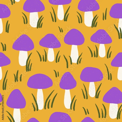 Hand drawn seamless pattern with forest mushroom fungi in pirple yellow leaves on yellow background. Toadstool toxic fungi caps poisonous herbs wood woodland, witch concept, fall autumn flora. photo