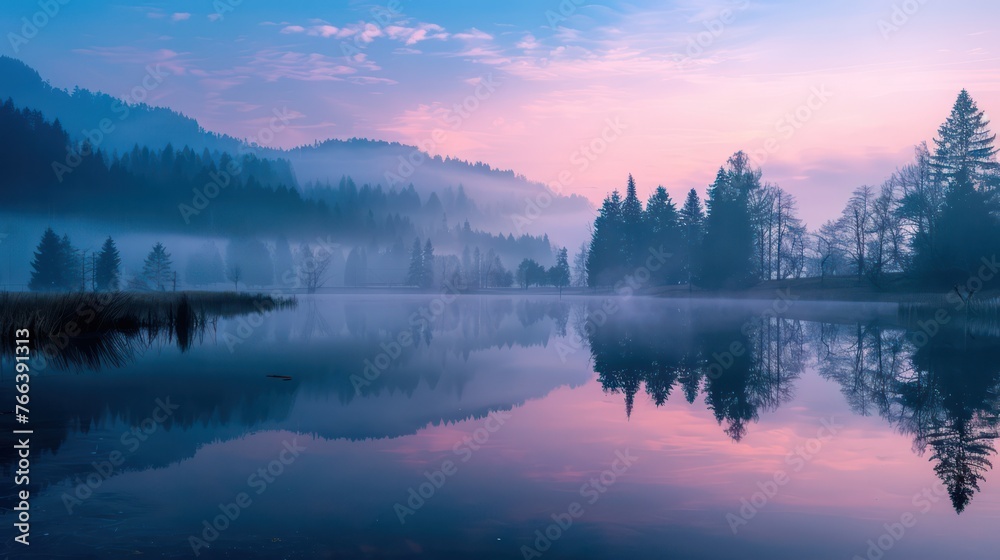 A beautiful spring morning is depicted during the blue hour before sunrise.
