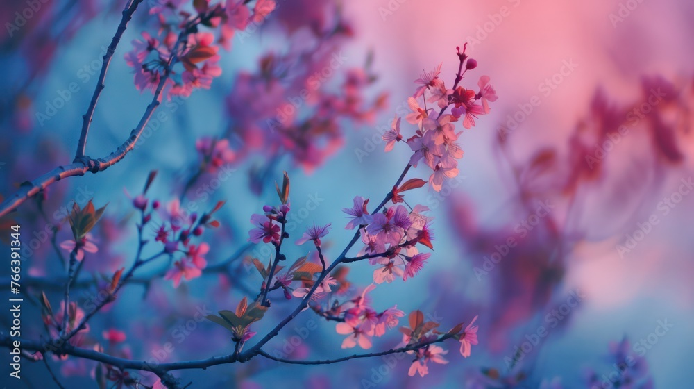 Beautiful blooming cherry blossom flowers at dawn in the spring morning