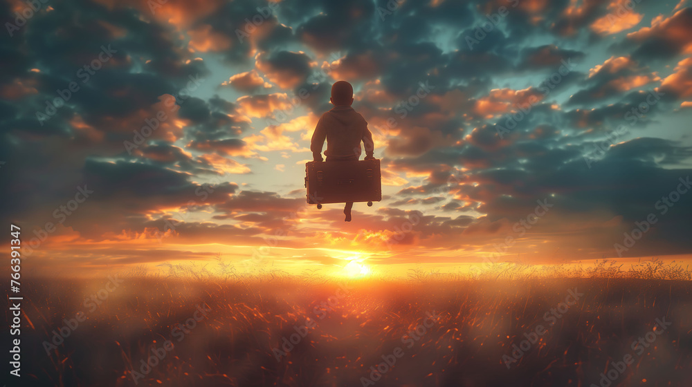 Kid flying in dreams of traveling, happy lovely child,mystic wonder and imagination magical, backdrop of a sunset, lifestyle, background, banner - obrazy, fototapety, plakaty 