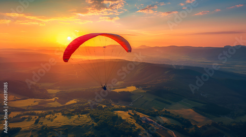 Golden hour paraglider on a clear orange sky and sunset with a nice wind windy, mountain landscape, backdrop, banner, background, template