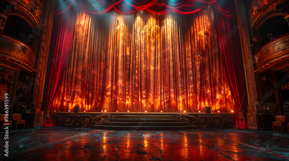 A beautifully lit stage with red curtains gracefully cascading down.