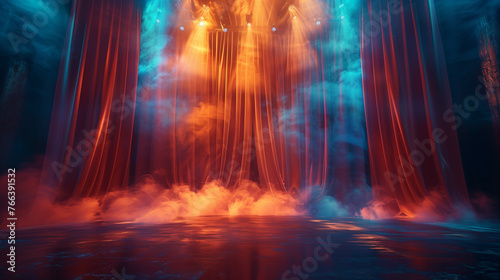 A beautifully lit stage with curtains gracefully cascading down.