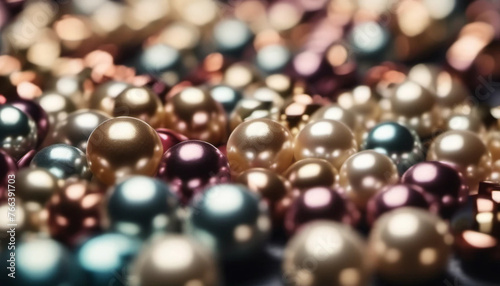 Pink, golden and blue pearls close up, ai  photo
