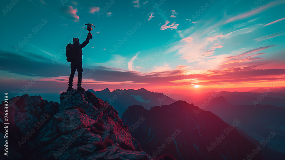 Silhouette of Business man holding trophy victory, winner award for professional challenge, sunset background, banner and template