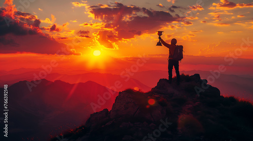 Silhouette of Business man holding trophy victory, winner award for professional challenge, sunset background, banner and template © Wisarut Official