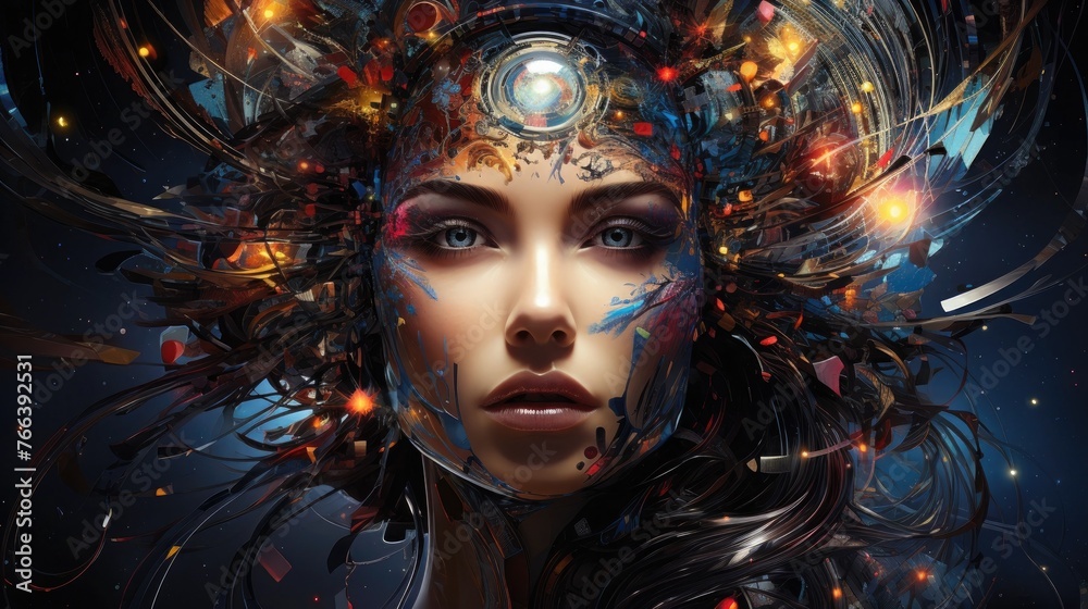 Enigmatic Cosmic Visage - Surreal Digital Portrait of a Mystical Feminine Figure Emanating Ethereal Energy