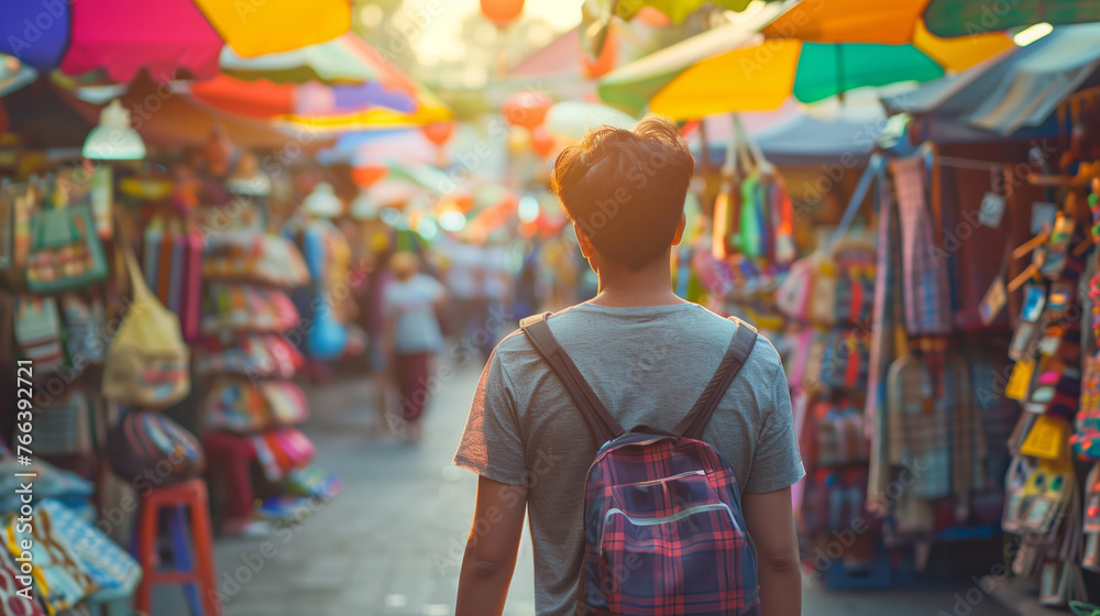 Young Asian man with a backpack exploring a vibrant traditional market street lined with colorful umbrellas and assorted local crafts, capturing the essence of cultural tourism Young Asian man with a backpack exploring a vibrant traditional market street lined with colorful umbrellas and assorted local crafts, capturing the essence of cultural tourism