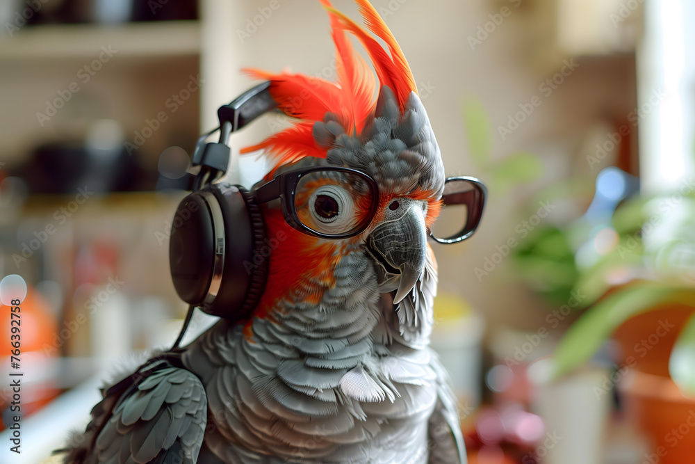 Crested Cockatoo parrot wearing headphones wearing glasses listening to an audiobook course listening to music in the kitchen