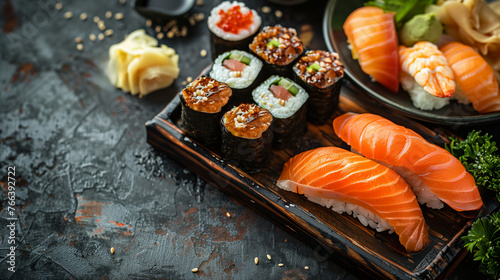 Assorted fresh sushi and sashimi selection with salmon and shrimp, garnished with wasabi and ginger, on a dark textured background, Japanese cuisine concept