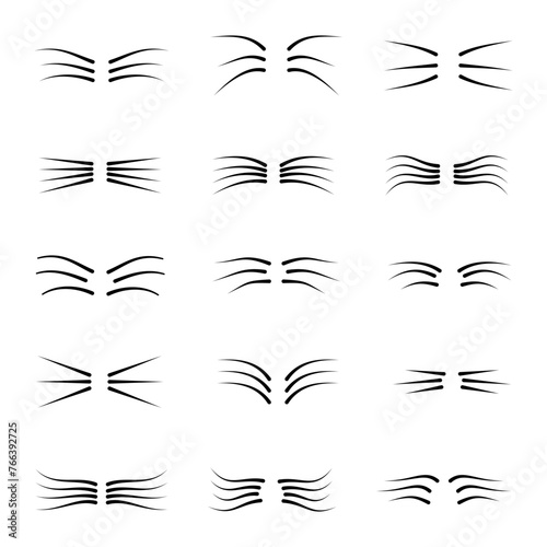 Set of Doodle cat whiskers icons. Hand drawn line art outline. Vector stock illustration