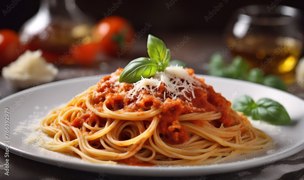 Italian-style pasta, cooked pasta with sauce and herbs in a bowl Italian-style pasta, cooked pasta with sauce and herbs in a bowl