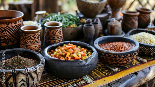 Traditional African cuisine setup with an assortment of dishes presented in handcrafted bowls on a colorful woven cloth  highlighting vibrant food culture