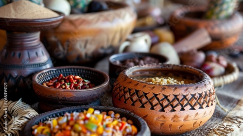 Assorted grains and legumes in traditional ethnic pottery bowls, evoking a rustic and cultural vibe suitable for themes related to harvest, culinary traditions, or Thanksgiving