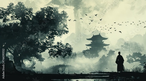 Chinese aesthetic painting with rough texture captures the essence of architectural art, gardens, and traditional culture.