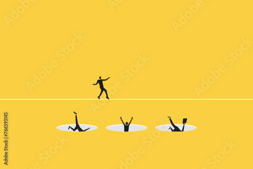 Business and financial crisis vector concept with businessman walking on the line and trying do not fall to abyss. Symbol of market crash, recession, risk, bankruptcy and loss. Eps10 illustration