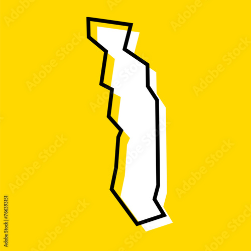 Togo country simplified map. White silhouette with thick black contour on yellow background. Simple vector icon