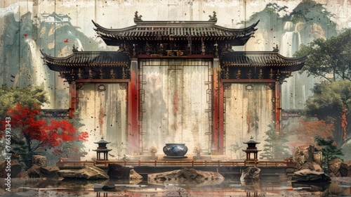 Classic Chinese aesthetic painting with rough texture featuring architectural art, gardens, and traditional culture photo