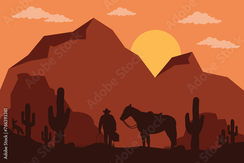 landscape silhouette of cowboy riding at horse background template simple concept vintage design