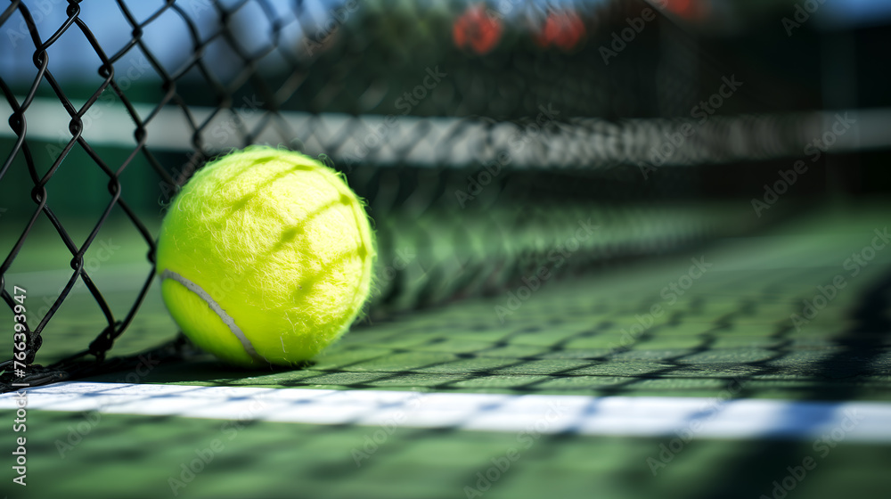 Tennis ball on the tennis court with net in background, soft focus