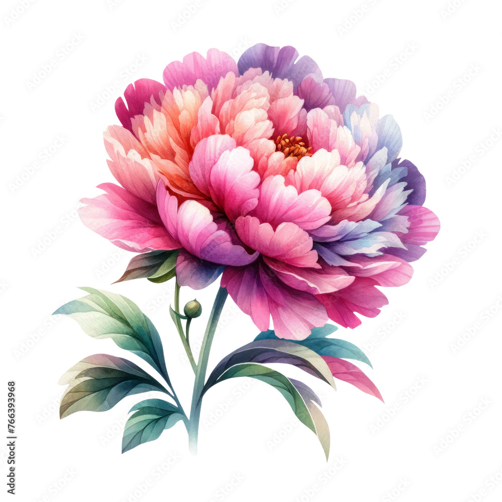 Watercolor of A beautiful flower with a pink center and purple petals, Clipart, Flower, isolated on a transparent background