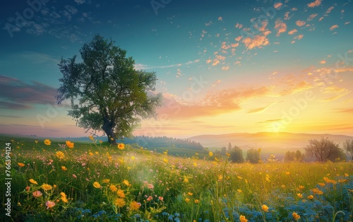 Serene blue hour landscape photography showcases shaded tree under a beautiful sky, captured during a tranquil morning in spring