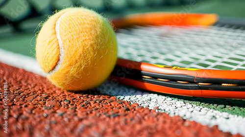 Closeup of tennis racket and ball on tennis court