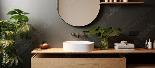 A bathroom with a sink, mirror, and plant is a perfect blend of interior design. The hardwood flooring complements the houseplant, creating a harmonious circle in the room