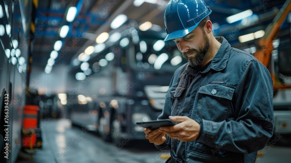 Professional bus mechanic working in vehicle repair service. Professional bus mechanic working in vehicle repair service.