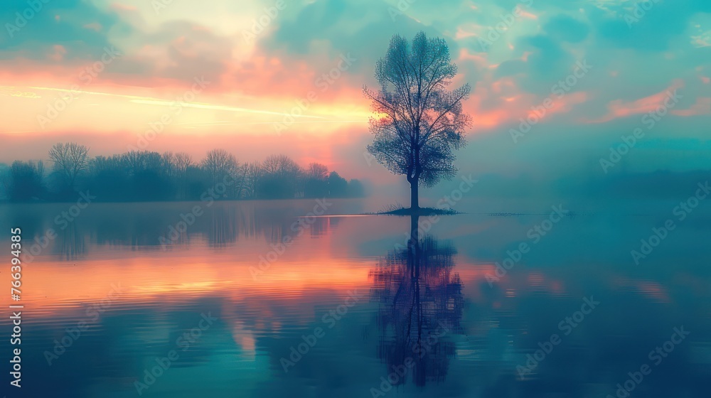 Fototapeta premium Shaded trees under a beautiful sky are featured in this serene blue hour landscape photography, captured during a tranquil morning in spring. 