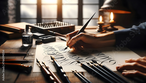 Artist's Hand, Gracefully Executing Calligraphy Or Hand Lettering On Quality Paper