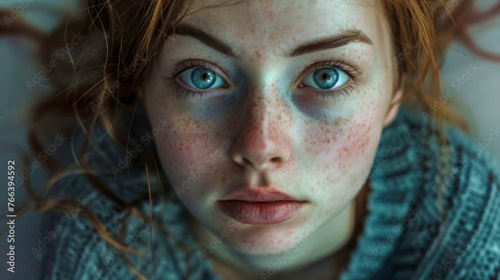 Intense gaze of a red-haired woman with freckles Intense gaze of a red-haired woman with freckles