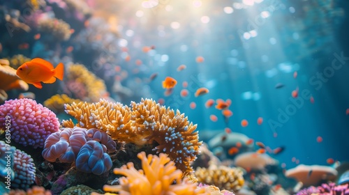 Vibrant underwater coral reef scene with colorful corals and a school of orange fish, bathed in rays of light, ideal for marine life or environmental conservation concepts photo