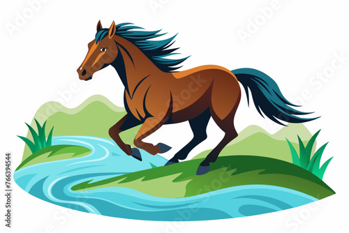 Fototapeta Naklejka Na Ścianę i Meble -  a mustang horse is running along the stream fu
