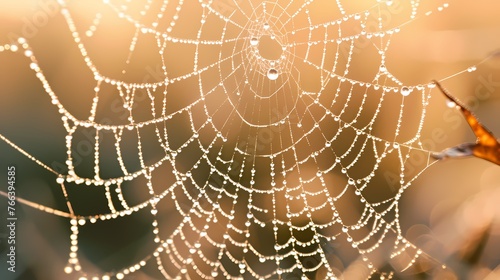A close-up of a dew-covered spider web in the early morning light, capturing the intricate beauty of nature's design.