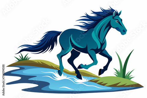 a mustang horse is running along the stream fu 