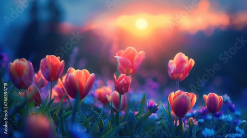 Serene blue hour landscape photography captured tulips flower during the tranquil morning of a spring day
