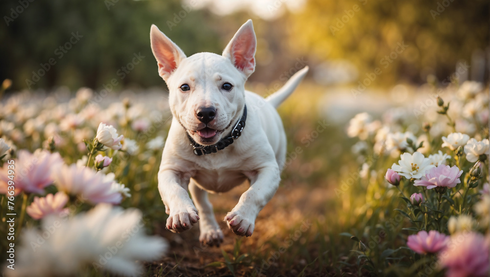 Adorable cachorro de la raza Bull Terrier Ingles corriendo feliz por un hermoso prado lleno de flores