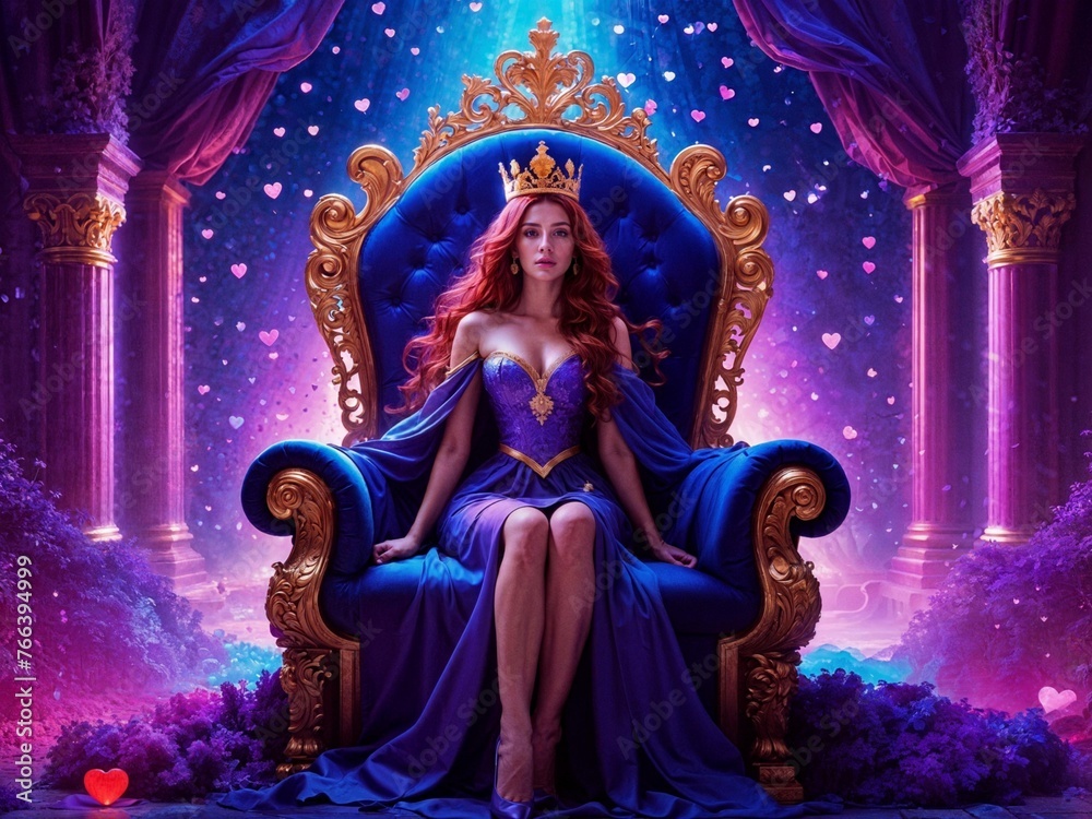 Woman in a luxurious blue dress, seated on an ornate throne amidst a magical atmosphere filled with floating hearts