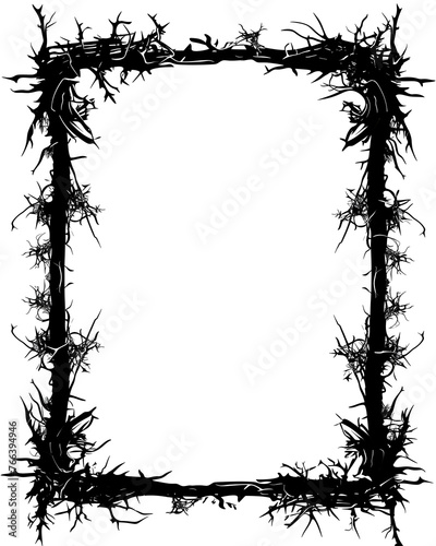 Square black and white frame with a graphic pattern of twigs.