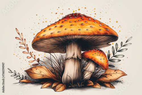 Fly Agaric (Amanita muscaria) in illustration style on white background