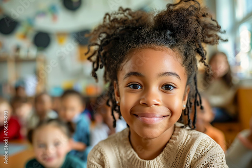 African American child in preschool, smiling girl in classroom, playful educational activities. © Pavel