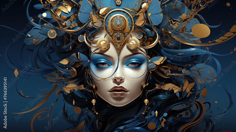 Opulent Futuristic Goddess with Ornate Headdress and Metallic Facial Adornments