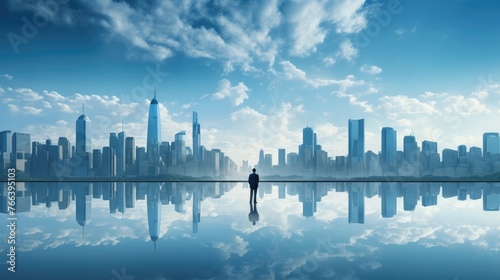 Captivating Corporate Blue Horizon:A Serene Urban Skyline Reflected in the Tranquil Waters Below