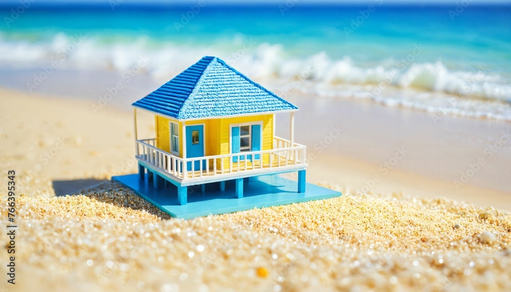 Obraz premium photo of miniature scene small model little house in ocean sea beach, generative AI