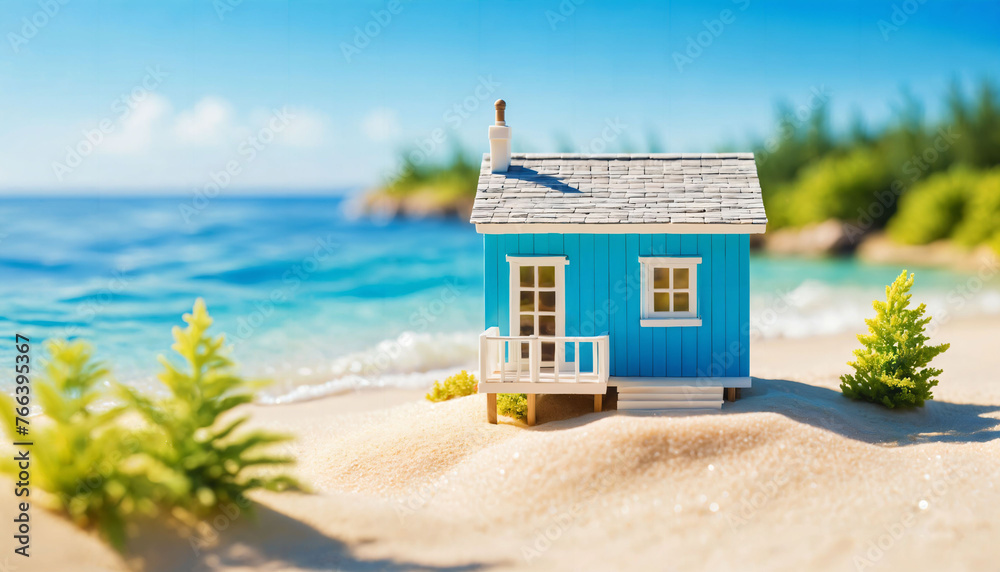 photo of miniature scene small model little house in ocean sea beach, generative AI