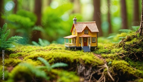 photo of miniature scene small model little house in deep wood forest , generative AI